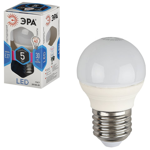 Эра Лампа светодиодная ЭРА, 5 (40) Вт, цоколь E27, шар, холодный белый свет, 30000 ч., LED smdP45-5w-840-E27 